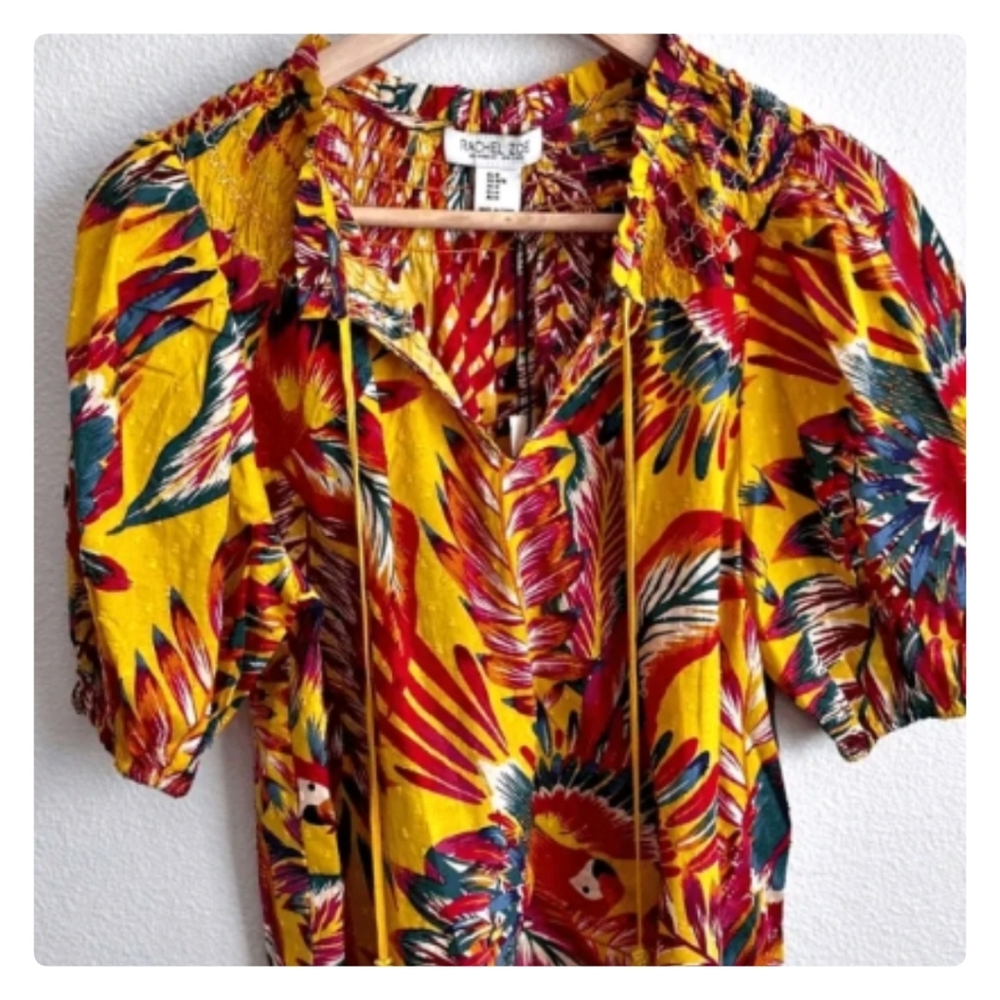 RACHEL ZOE | Bright Tropical Floral Bird Print Beaded Tassel Blouse | Small